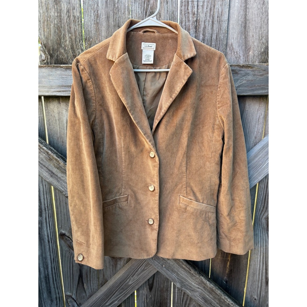 LL Bean Womens Corduroy Blazer Jacket Tan Camel 12 Pet 0YR82 Cotton Blend